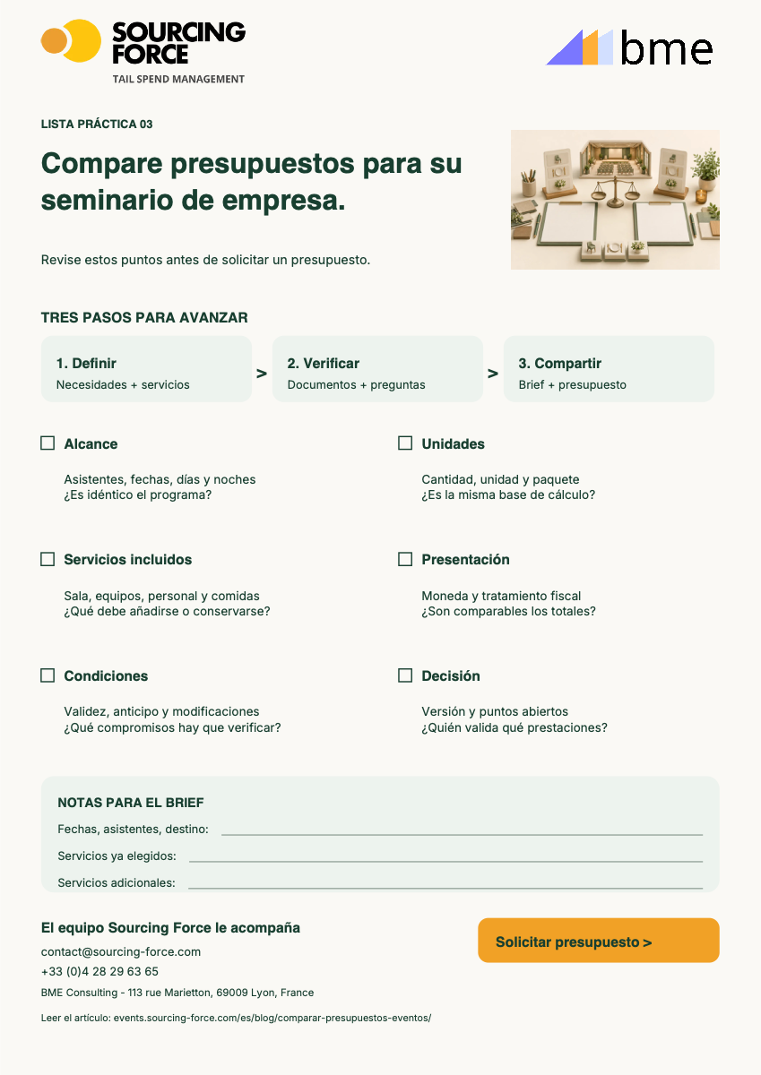 Vista previa de la lista PDF — Lista común para comparar presupuestos de seminario