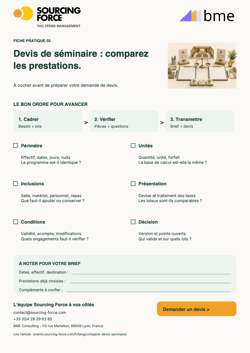 Aperçu de la checklist PDF — Grille commune pour comparer deux devis de séminaire
